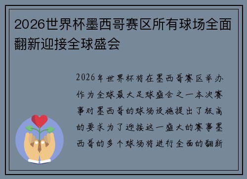 2026世界杯墨西哥赛区所有球场全面翻新迎接全球盛会 2026世界杯墨西哥赛区所有球场全面翻新迎接全球盛会